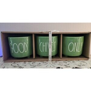 New Rae Dunn Green 3 Piece Herb Planter Set “Good Chives Only” Garden set